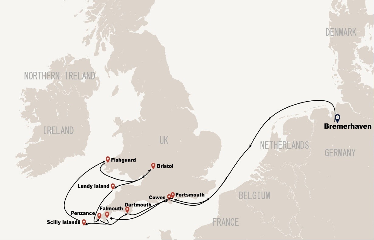 South England and Wales with German speaking guide — route map