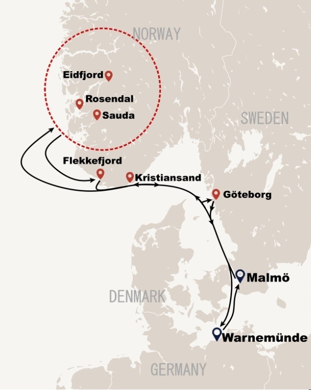 The magic of Fjord-Norway – A voyage to Hardangerfjord and Saudafjord — route map