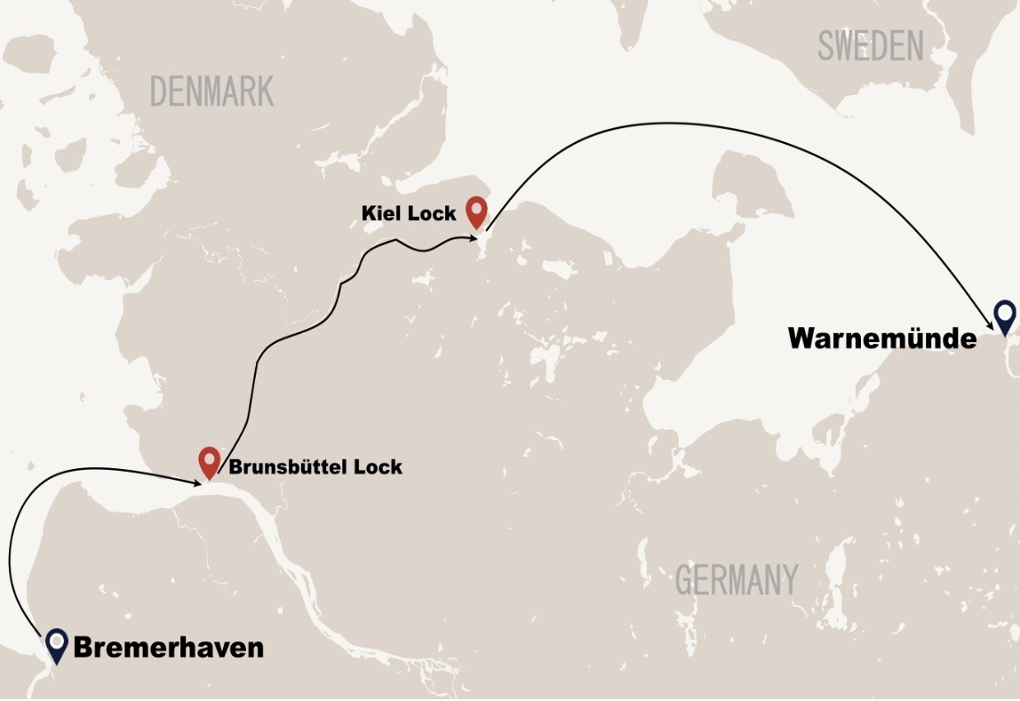 Short Voyage through the Kiel Canal – eastbound — route map